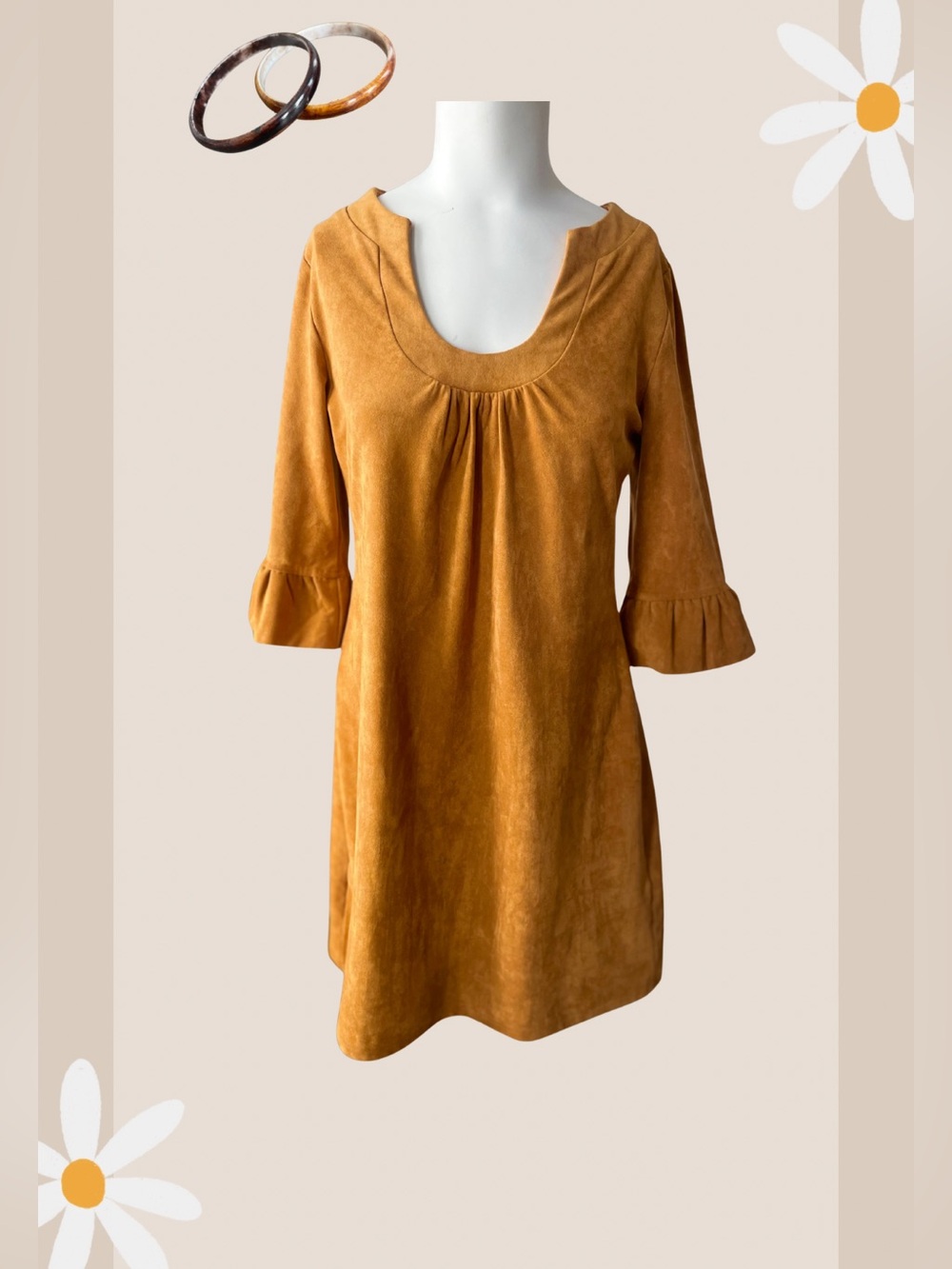 70’s Retro Vibe Gold Ruffle-Sleeve Dress